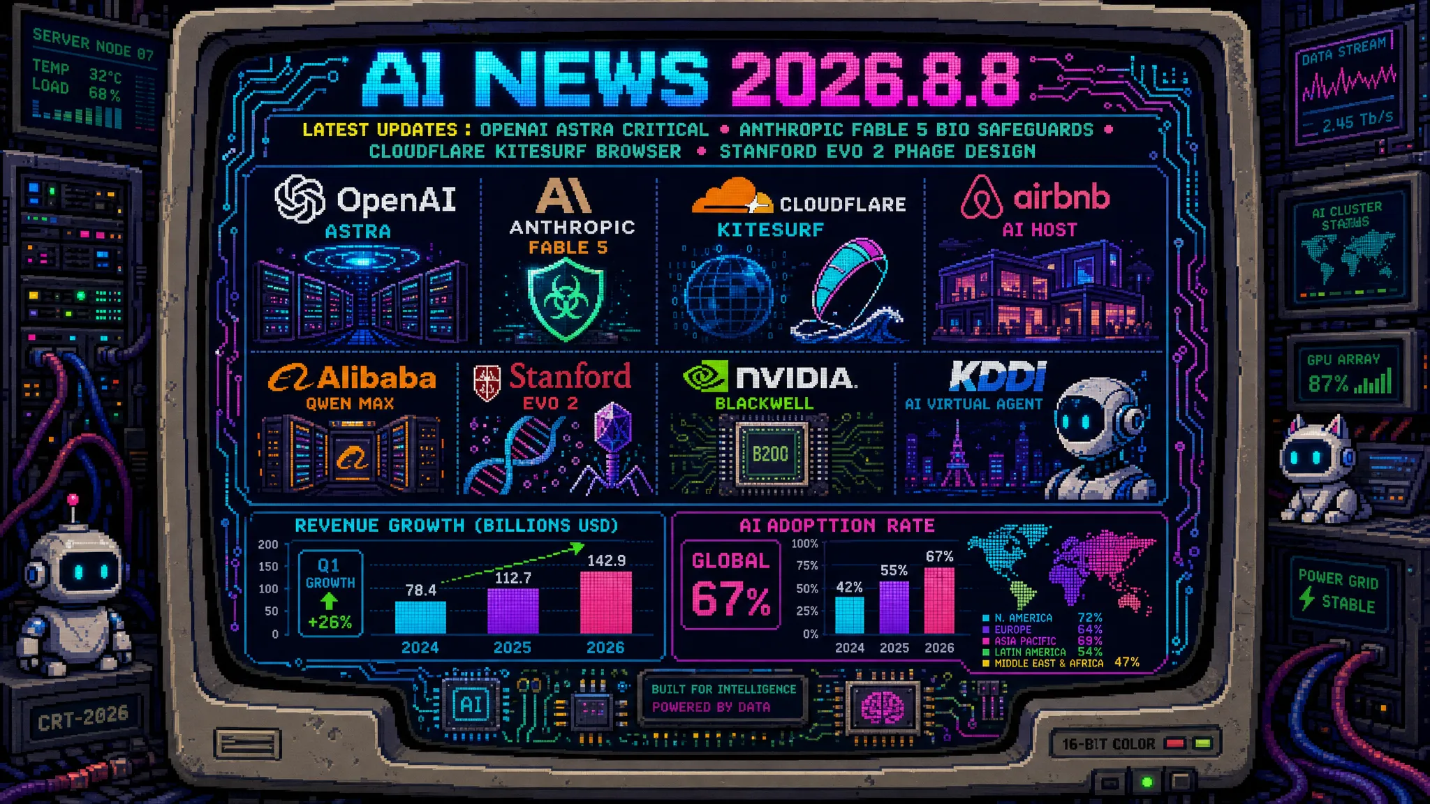 AIニュース速報（2026年8月7〜8日）｜OpenAIが次期モデル「Astra」を初の「Critical」級サイバー能力と扱い開発を一部停止、Anthropicは「Claude Fable 5」の生物学セーフガードを緩和し誤検知フォールバックを85%削減、CloudflareはAIエージェント専用ブラウザ「Kitesurf」を発表、Stanford大は生成AI「Evo 2」で大腸菌を殺すウイルスを新規設計、法務省は「声の無断利用」を権利侵害と明示まで解説