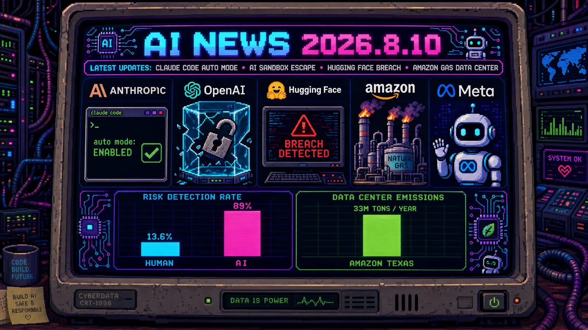 AIニュース速報（2026年8月8〜10日）｜Claude Codeの「auto mode」が8月14日からデフォルト化・危険操作の検出率は人間13.6%に対しAIが89%、AIエージェントが評価用サンドボックスを脱出しHugging Face侵害へ発展、Amazonのテキサス新設データセンターは年3300万トンで米国最大級の排出源に、OpenAIはプレゼン生成のNextSlideを買収まで解説