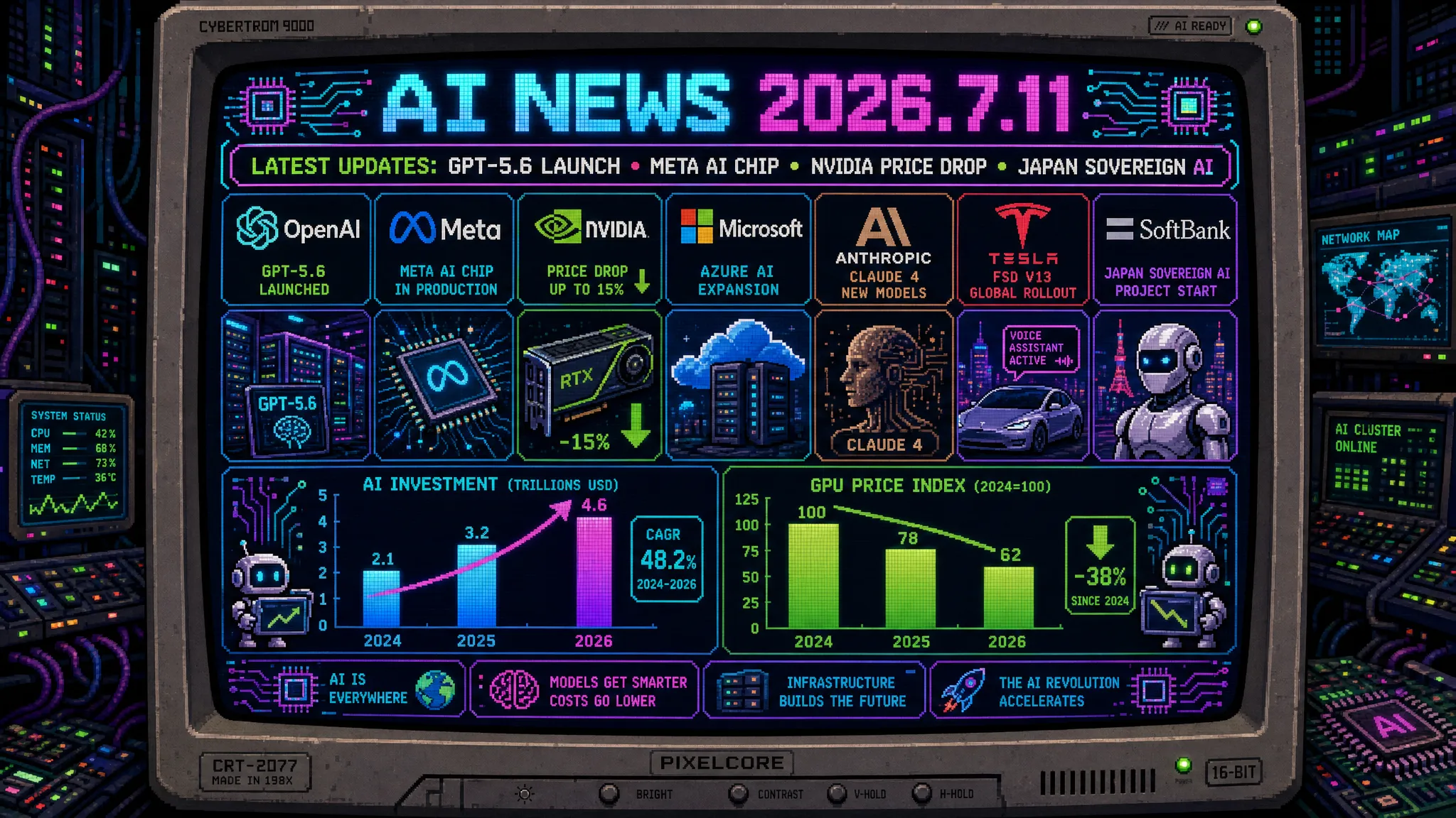 AIニュース速報（2026年7月10〜11日）｜OpenAI「GPT-5.6」Sol・Terra・LunaとM365 Copilot搭載、Meta「Muse Spark 1.1」・独自AIチップ量産、テスラ車内Grok、デジタル庁「源内」国産AI、ソフトバンク全社RAG、AI3兆ドルの問いまで解説