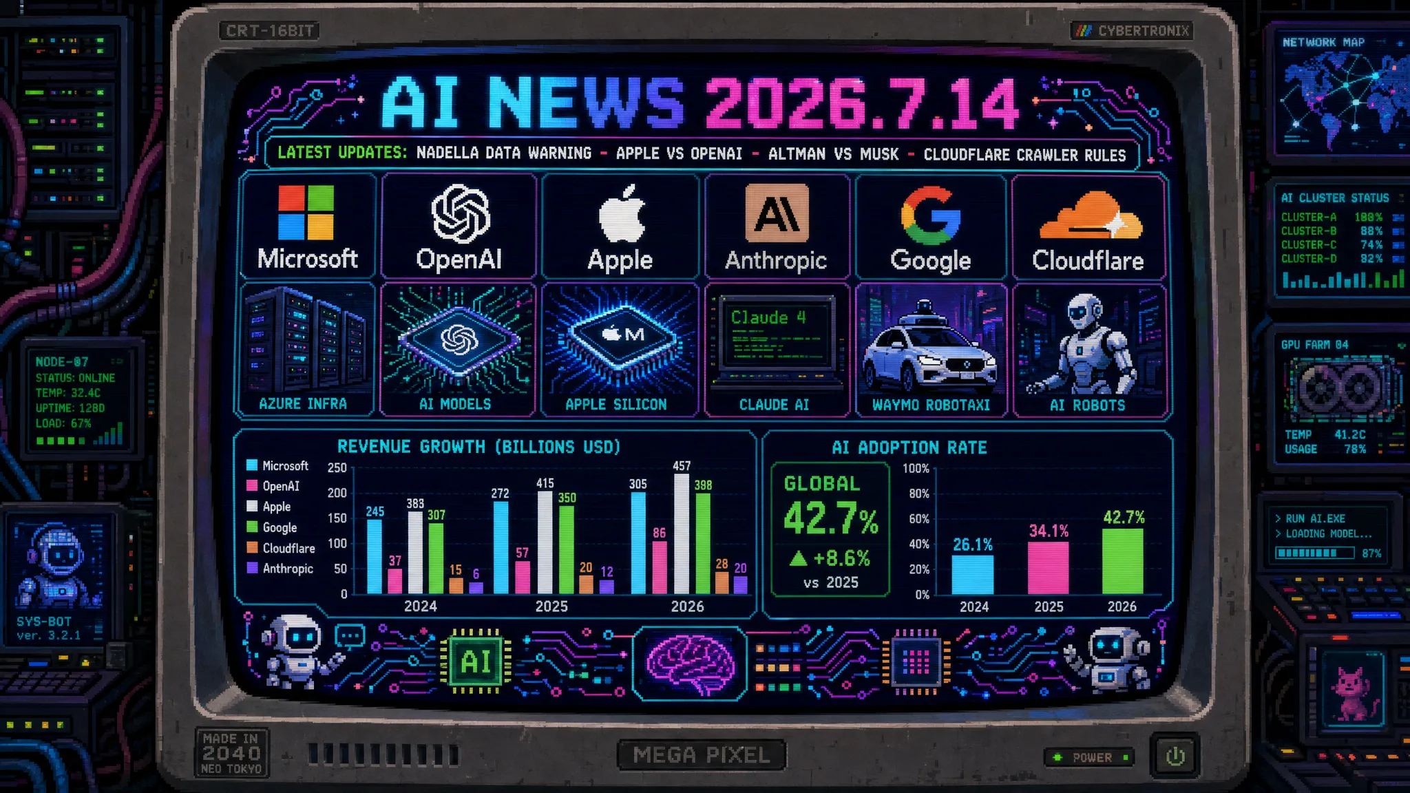 AIニュース速報（2026年7月11〜14日）｜ナデラCEOがAI企業利用に警鐘、Apple対OpenAI営業秘密訴訟、アルトマンvsマスク宇宙DC論争、Anthropicインド価格、CloudflareがAIクローラー許可制、GMO熊谷氏AI変革最高責任者、ローム「Gemini」乗り換えまで解説