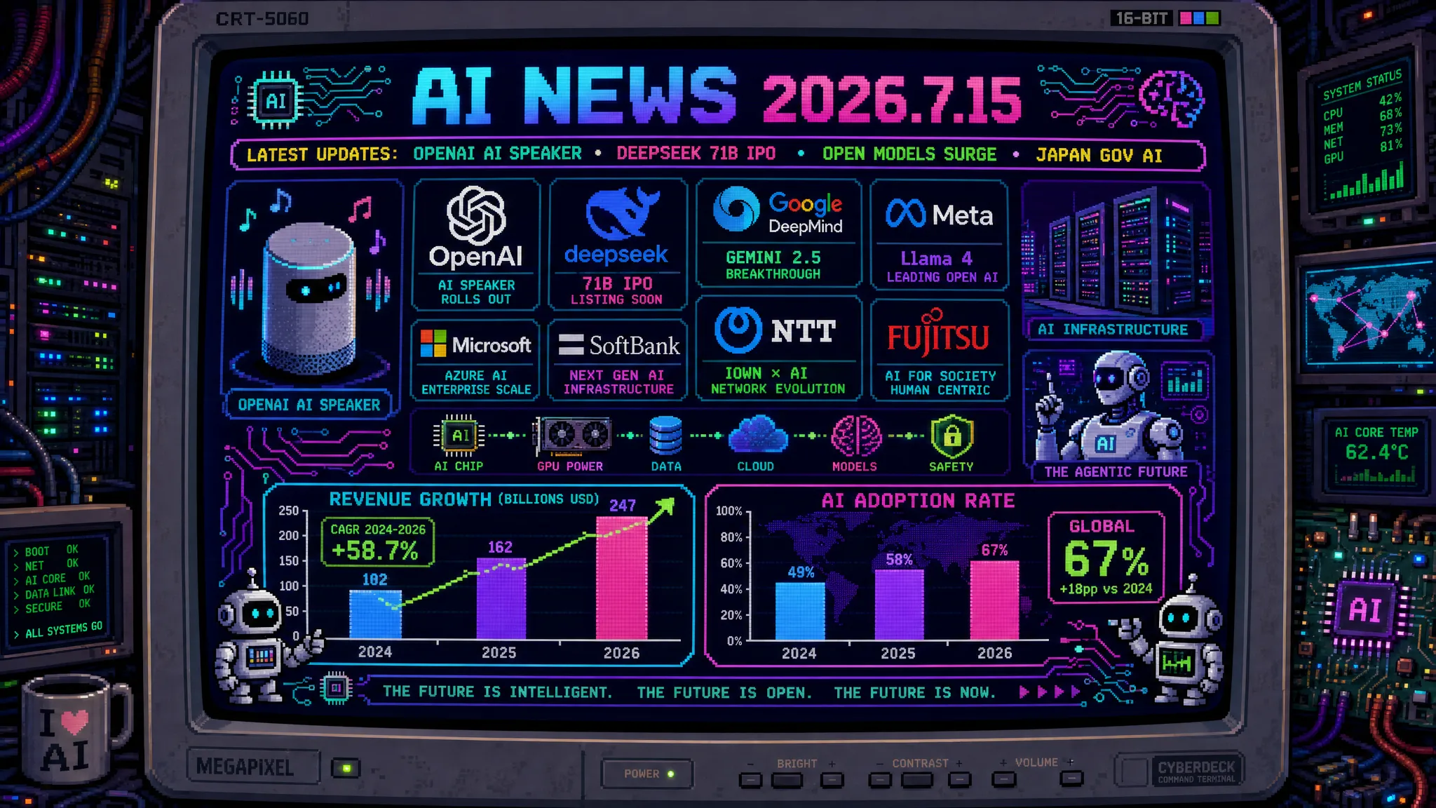 AIニュース速報（2026年7月14〜15日）｜OpenAI初ハードウェアは画面なし可動式スピーカー、DeepMind CEOがAI独立審査機関を提唱、DeepSeek評価額710億ドルでIPO準備、中国オープンモデル躍進、Metaのトークン予算上限論、孫正義氏「スーパーヒューマン化」予測、純国産「霞が関生成AI」稼働まで解説