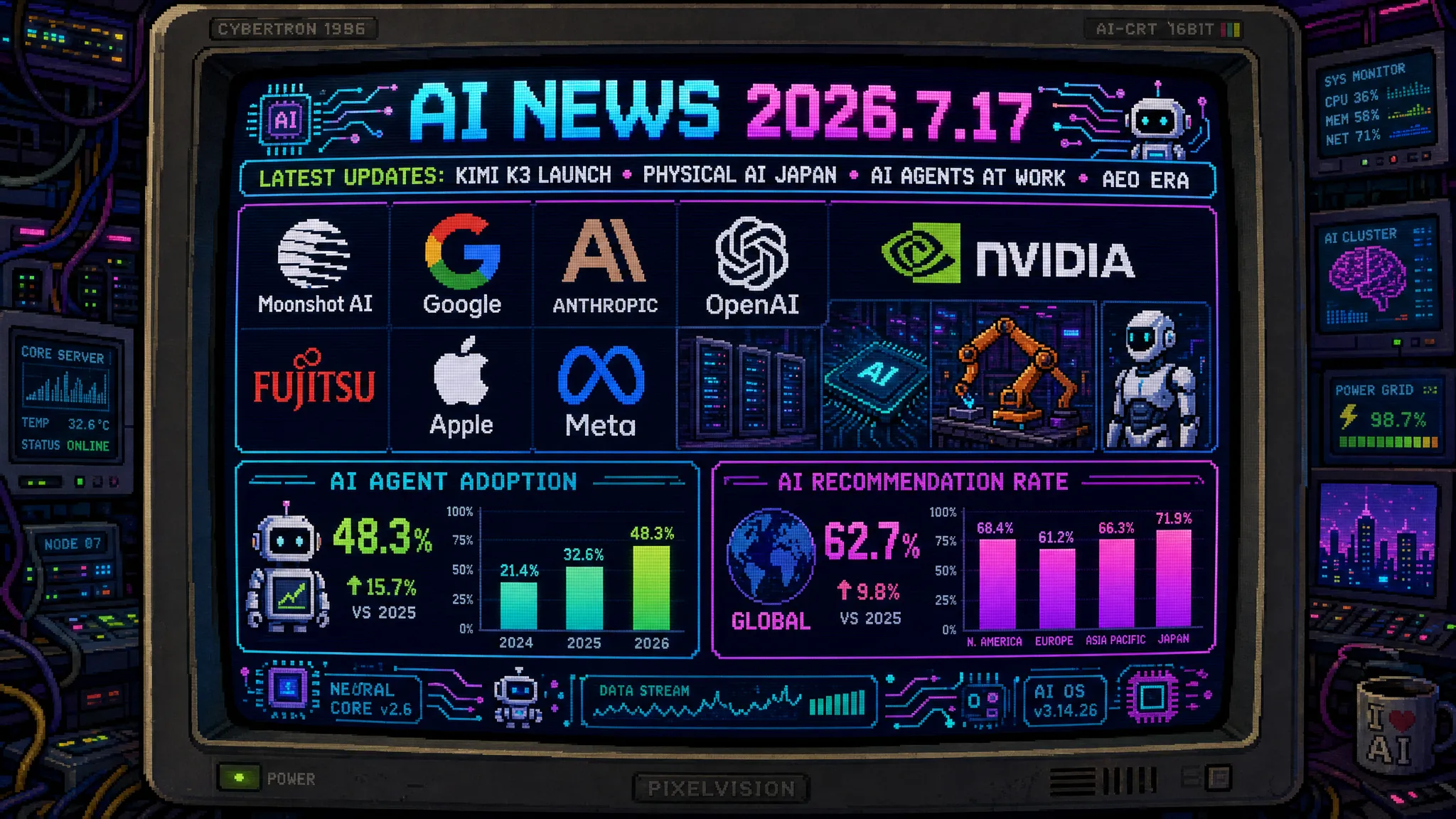 AIニュース速報（2026年7月16〜17日）｜Moonshot「Kimi K3」がOpus 4.8に迫る、富士通×ロボット大手3社がフィジカルAI協業、大手44社出資の国産AI「Noetra」始動、Gemini Spark日本語対応、大企業の半数がAIエージェント本番運用、npm自己増殖マルウェア、AEO時代の勝ち筋まで解説