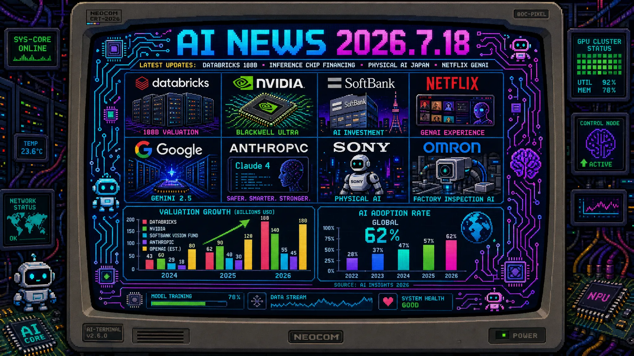 AIニュース速報（2026年7月17〜18日）｜Databricks評価額1880億ドル、推論チップ担保に4億ドル融資、NVIDIAフアンCEO「フィジカルAIは日本がけん引を」、ソフトバンク×安川電機、Netflix約300作品で生成AI活用、1Password for Claude、Moonshot「Kimi K3」、国産基盤「FRONTia」始動まで解説
