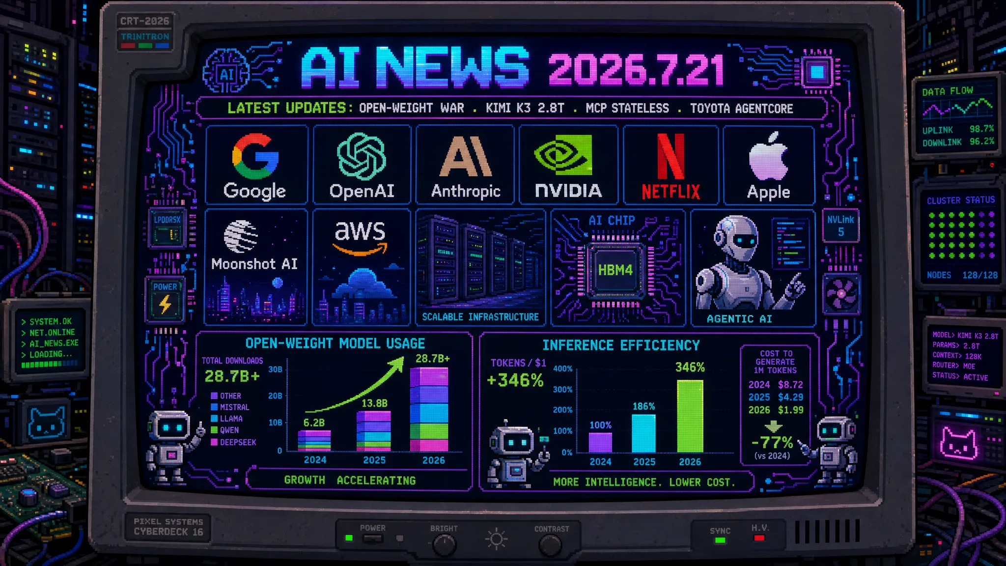 AIニュース速報（2026年7月19〜21日）｜OpenAIがオープンウェイトに警戒、中国「Kimi K3」2.8兆パラメータ、Gemma 4大幅改善、MCPステートレス化、トヨタがRAGを脱しAgentCoreへ、Google新AIチップ「Frozen v2」、Netflixが5.87億ドルでAI映像スタートアップ買収まで解説