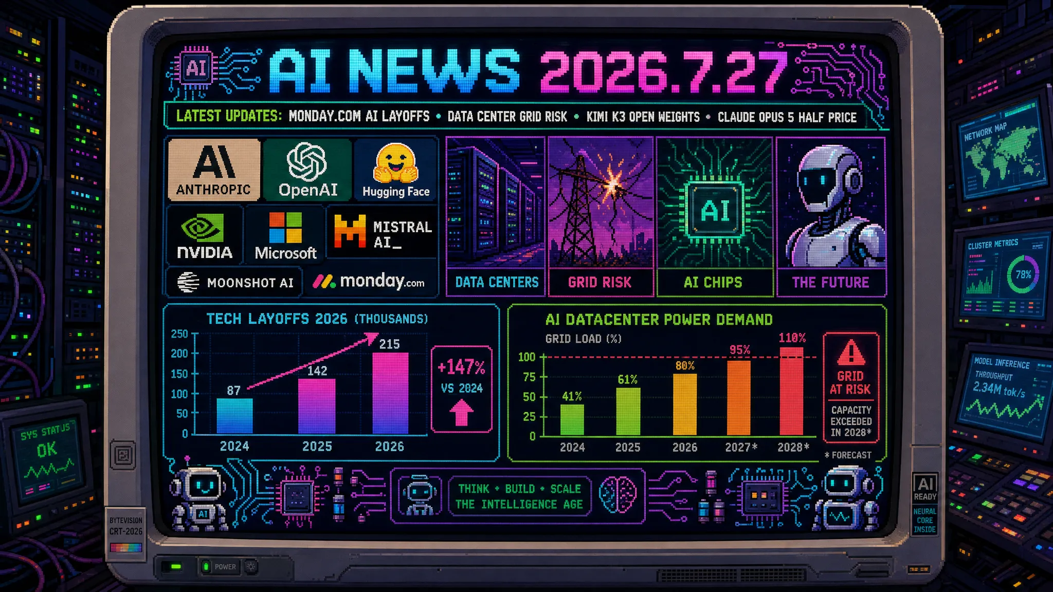 AIニュース速報（2026年7月25〜27日）｜Monday.comがAI理由に従業員20%削減、電力線1本でデータセンター3GW脱落、図書館の「AIを避ける」講座がバズる、Kimi K3パニックとオープンウェイト書簡35社、Claude Opus 5が半額、自律AI侵入でHugging Faceが透明性要求まで解説