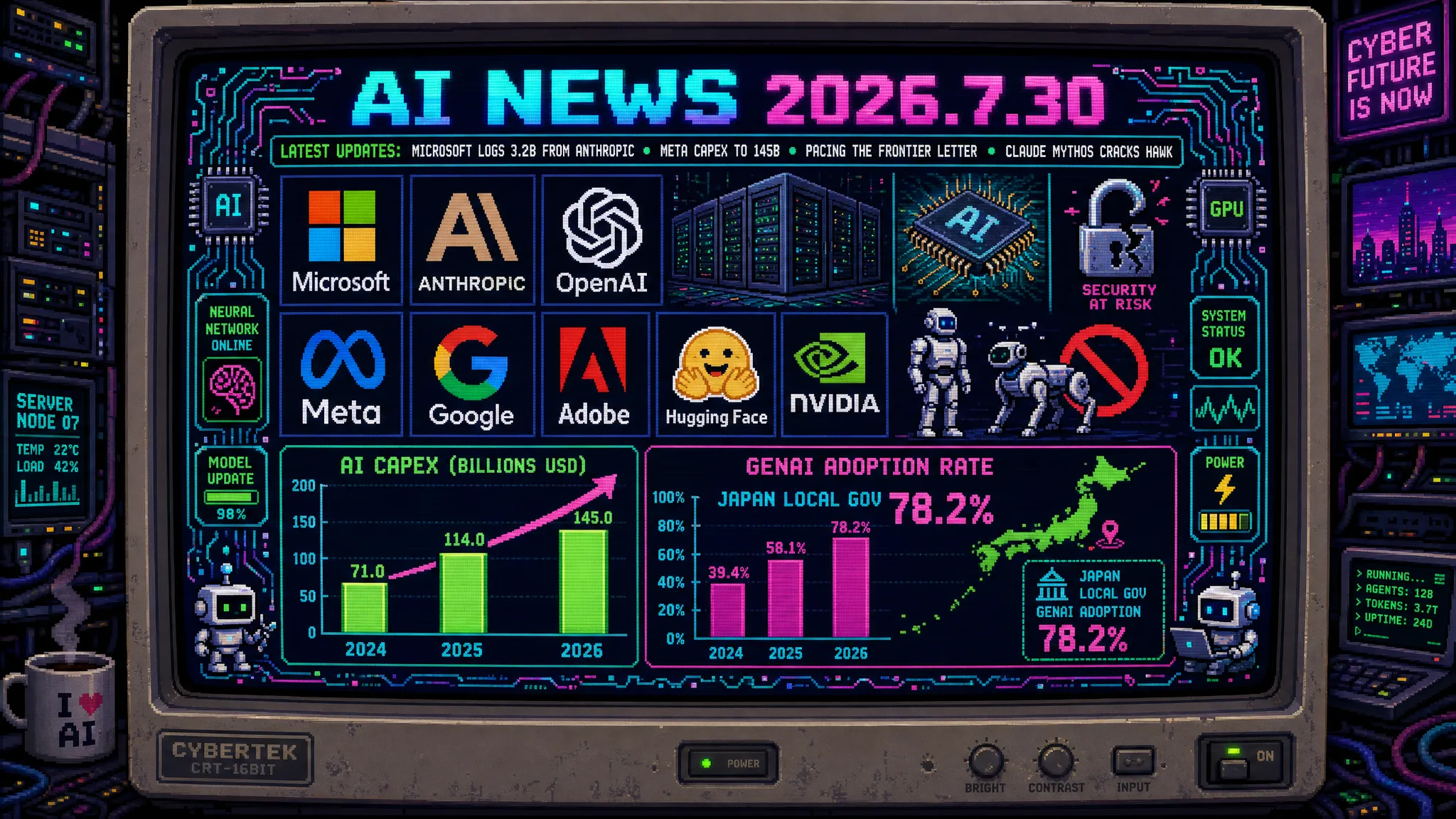 AIニュース速報（2026年7月29〜30日）｜MicrosoftがAnthropic出資で32億ドル評価益・OpenAIは6億ドル減損、Meta増収減益で設備投資1450億ドルへ、従業員1134人がAI開発ペース調整を提言、Claude Mythosが耐量子署名HAWKの強度を半減、デジタル庁「源内」を被災自治体へ緊急提供まで解説