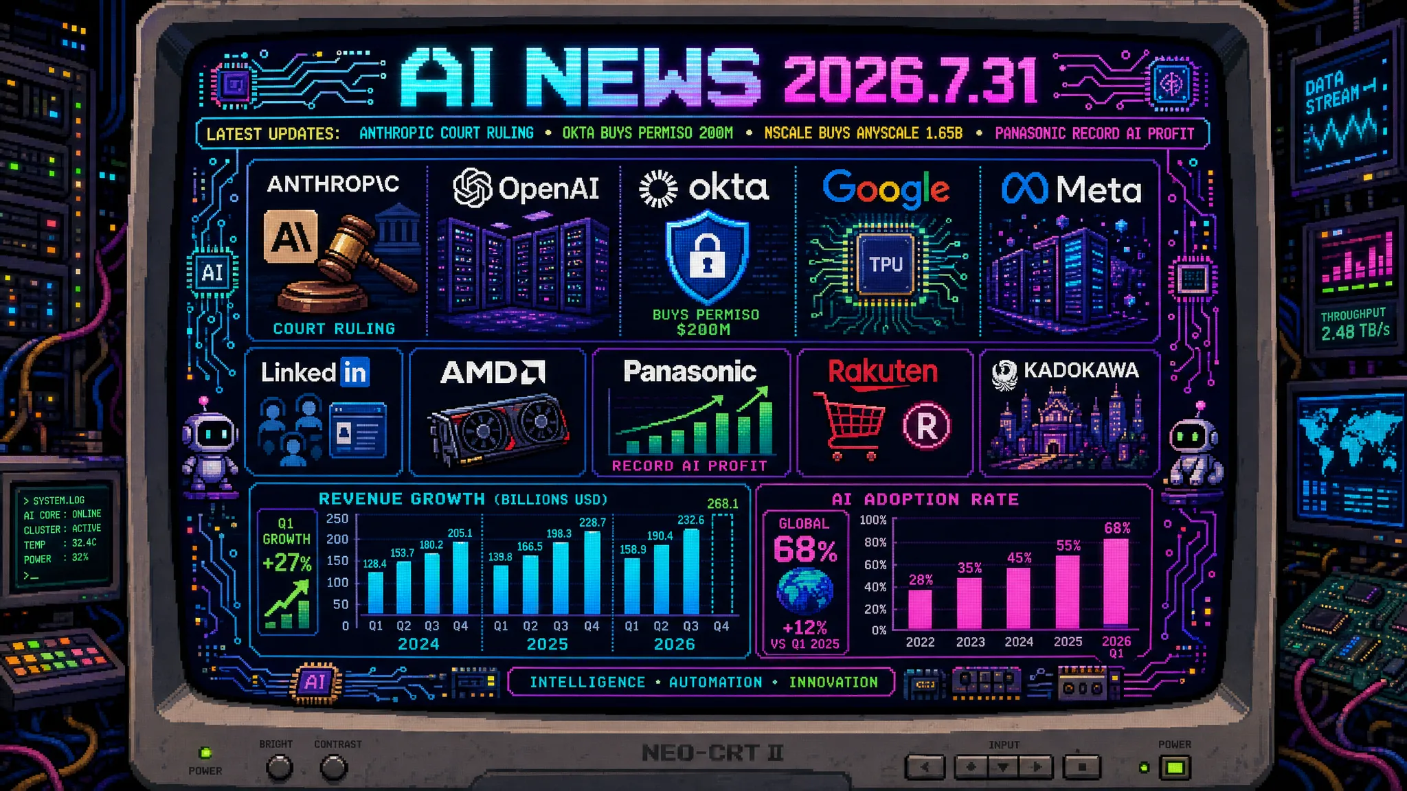 AIニュース速報（2026年7月30〜31日）｜連邦判事がAnthropic「サプライチェーンリスク」認定の証拠不足を指摘、OktaがPermisoを2億ドルで買収、NscaleがAnyscaleを16.5億ドルで買収、パナソニックHDがAIインフラ需要で四半期最高益、楽天7BモデルがHP製PCでオフライン動作、ChatSenseがPC録画からマニュアル自動生成まで解説