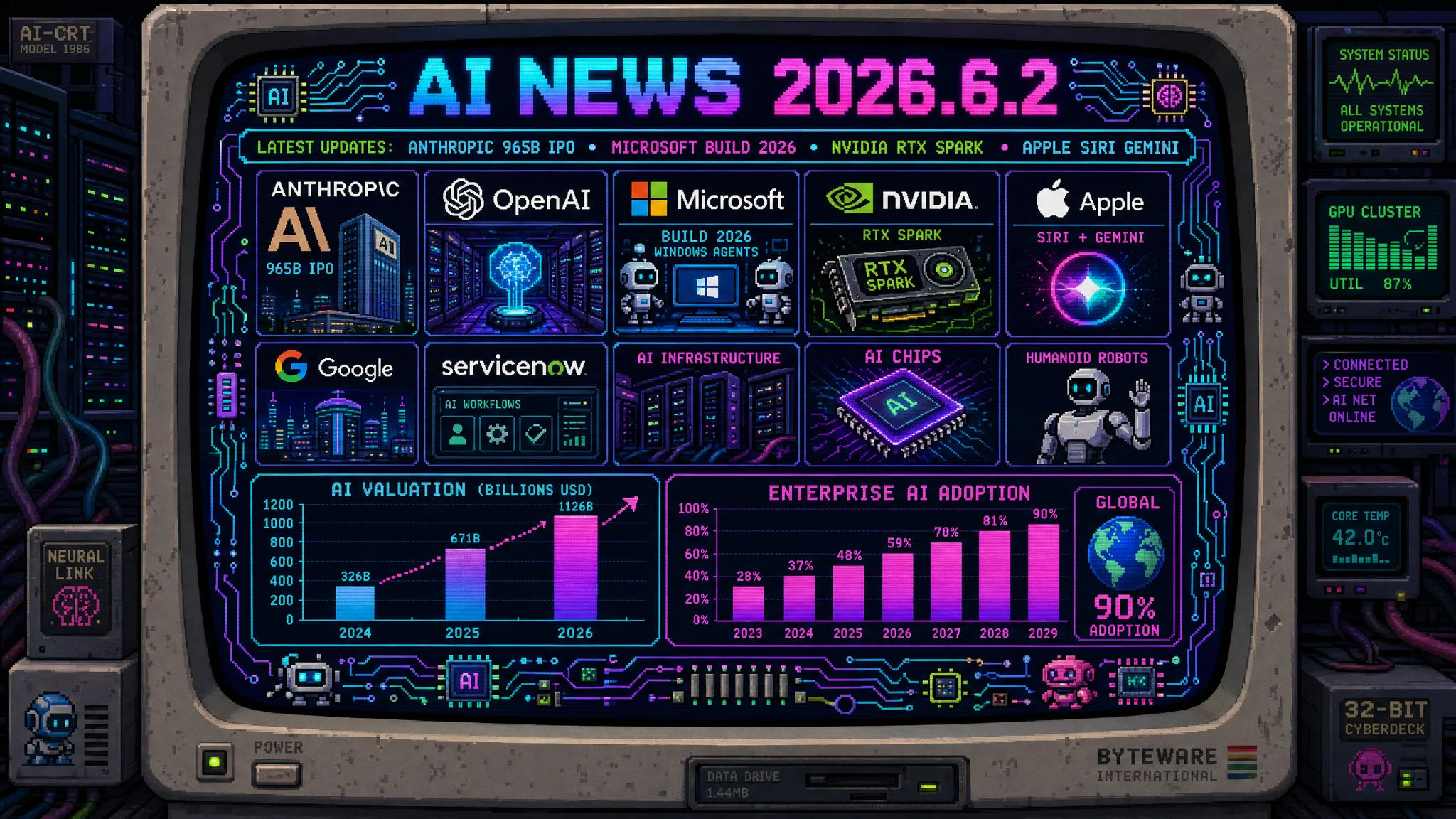 AIニュース速報（2026年6月1〜2日）｜AnthropicがIPOを秘密申請し評価額9650億ドルでOpenAIを抜き史上最大級のAIスタートアップ上場へ・Microsoft Build 2026開幕でWindowsをAIエージェント専用プラットフォームに刷新（Windows Agent Framework／Azure Agent Mesh／WSL 3／Copilot Workspace一般提供）・自社製コーディングAI「Project Polaris」発表でGitHub Copilotが8月にGPT-4から自動移行・NVIDIAがComputex 2026でRTX Sparkスーパーチップを発表しローカルAI PCを再発明・Vera Rubin量産開始でAzure先行・H2 2026にAWS/Google Cloud/OCI展開・Apple WWDC 2026プレビューでSiriをGemini基盤に全面刷新しClaude/ChatGPTも選択可能に・シンガポールIMDAがエージェントAIガバナンス指針v1.5を公開・OpenAIがFrontier Governance FrameworkでEU AI法整合を明示・ServiceNow×NVIDIAがエージェントAIガバナンスを拡張・AI Expo 2026で企業AIが実証卒業し本番運用へ移行（日本企業の約1/3がAIロボット採用・検討）・メルカリ木村俊也CTOがCHRO兼CAIOに就任しSansanもCAXO新設でAI×人事戦略が同時多発ほか世界10件＆日本10件まとめ