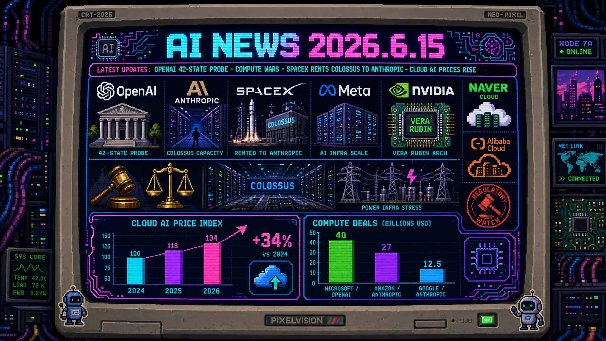 AIニュース速報（2026年6月14〜15日）｜OpenAIに42州の司法長官が共同調査・サブポエナを発行しChatGPTの「過剰な同調性（sycophancy）」設計欠陥もIPO直後の規制リスクに＆ニューヨーク州議会が7本のAIリスク管理法案を可決し知事署名待ち・SpaceXがxAI合併後に持て余したColossus 1（NVIDIA GPU22万個・300MW）をAnthropicへ月額12.5億ドル・総額400億ドル超で貸出しMuskは「邪悪レーダーは反応しなかった」・MetaがNebiusと5年270億ドルでNVIDIA次世代GPU「Vera Rubin」を初の大規模展開＆NAVERとNVIDIAが韓国にギガワット級AIファクトリー建設・Alibaba Cloudが最大34%値上げしクラウドAIコストの「値下がり時代」が終焉・米HHSがChatGPTで全50州のメディケイド詐欺を調査するAEROプログラムで年間1,000〜2,000億ドルの不正摘発へ・Logicalis CIOレポートで16%が「プロバイダー停止時のバックアップ計画なし」とFable 5停止がリスクを実証・OpenAIのSoraは1日1,500万ドル燃焼で生涯収益わずか210万ドルと判明し終了・日本ではAI/ロボット人材が約340万人不足ほか世界10件＆日本10件まとめ