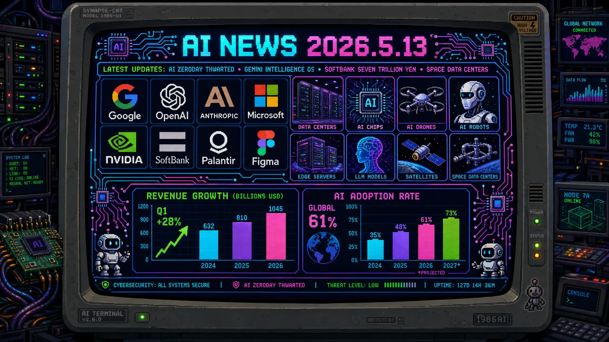 AIニュース速報（2026年5月12〜13日）｜Google史上初「AI生成ゼロデイ」大規模サイバー攻撃を阻止（GTIG発見・二要素認証バイパス計画・AIが攻撃者の武器化された初確認事例）・Android Show I/O Edition開催（Android 17×Gemini Intelligence OS統合・AI生成ウィジェット・Gboard Rambler音声補正・AI PC「Googlebook」初公開）・Alphabet Isomorphic Labs 21億ドル調達（Thrive Capitalリード・AlphaFold由来創薬パイプライン臨床試験移行）・マスクvsオルトマン裁判（Altman証言「マスクは2017年OpenAI完全支配＋子供への継承を要求」）・Anthropic無許可二次市場株式売買に警告（Hiive・Forge Global含む8社名指し・取引無効宣言で未上場AI株過熱規制）・Google「Forward Deployed Engineers」数百人規模採用（OpenAI Deployment Company／Anthropic追随でコンサル型エンタープライズAI導入支援競争）・GM IT部門数百人レイオフ（従来型IT人材→AI/データ分析専門人材へシフト・Coinbase/Cloudflareに続く「AI投資のためのリストラ」拡大）・Cowboy Space 2.75億ドル調達（ロケット不足下で軌道上データセンター建設・宇宙AI演算インフラ）・Thinking Machines Lab双方向リアルタイム音声AI挑戦（Mira Murati率いる・話しながら聞ける真のインタラクティブAI）・Anthropic法律業務向けClaude 12種プラグイン公開（Thomson Reuters CoCounsel Legal連携・契約法/雇用法/訴訟特化でリーガルテック融合加速）・日本：ソフトバンク連結売上7兆387億円突破＋新中期経営計画「Activate AI for Society」（2030年度営業益1.7兆円・戦略投資1兆円・堺/苫小牧大規模AIデータセンター・通信→AI社会インフラ転換）・NEC×Anthropic「超えられない一線」表明（企業内生成AI活用の倫理境界線問題顕在化）・Palantir CEO「AIで日本を取り戻す」首相会談（防衛AI統合加速）・ChatGPT登場後Web新規サイトでAI生成コンテンツ35倍以上（スタンフォード等研究・「不誠実な増殖」でWeb情報信頼性危機）・AIエージェント×Figma MCPでUI設計自動化（指示文だけでデザイン生成・デザイナー/エンジニア役割再定義）・AI廃棄物分類ロボットの技術的壁（曖昧形状・地域分類差・汚損対応の例外事象が普及阻害）・TGR-D×RICOS AI-CAE空力解析高度化（数時間→分単位短縮・日本モータースポーツAI活用）・New Relic「2026 AI Impact Report」日本語版（660万人データ・デプロイ最大5倍・アラートノイズ27%減）・JISDA防衛無人アセットコンソーシアム「RISE」設立（ドローン/UGV/UUVデュアルユース）・ビルコム「AI報道分析レポート」βPR Analyzer追加（クリッピング自動化でPR業界AI波及）ほか世界10件＆日本10件まとめ