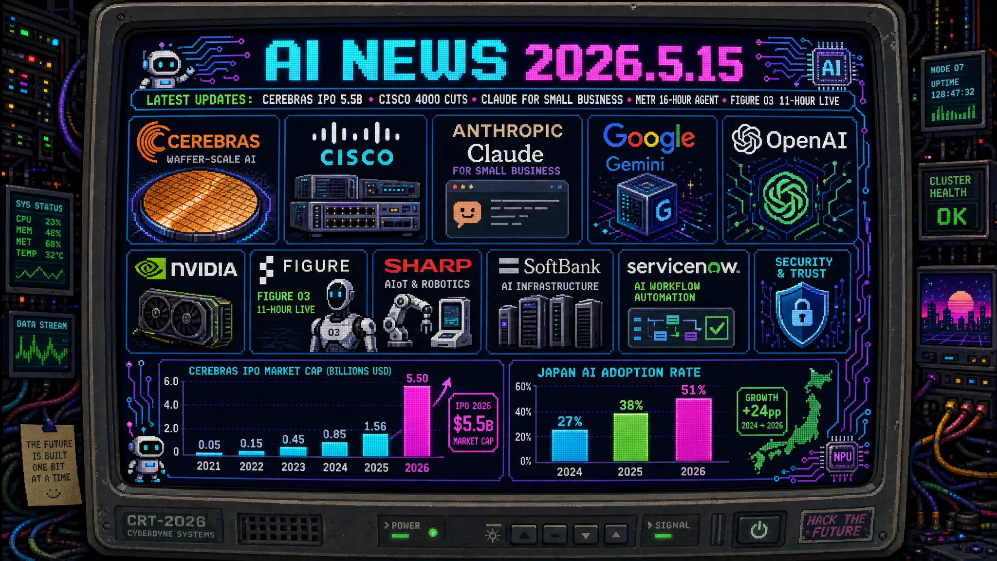AIニュース速報（2026年5月14〜15日）｜Cerebras IPO 55億ドル調達ナスダック初日68〜100%急騰時価総額950億ドル（2026年最大IPO・Andrew Feldman/Sean Lie億万長者・ウェーファースケールエンジンでGPU依存脱却の選択肢登場）・Cisco 4,000人削減過去最高売上下のAI投資加速（Cloudflare/GM/Coinbase続くAI投資のためのリストラがネットワーク機器最大手に波及・コスト構造変革宣言）・Anthropic「Claude for Small Business」発表（QuickBooks/PayPal/HubSpot/Canva/DocuSign/Workspace/M365連携・既製15エージェントワークフロー・米10都市ツアーシカゴ皮切り各100名にClaude Max 1カ月無料・米GDP44%中小企業のAI格差是正）・Google I/O 2026 5月19日開幕予告（Gemini 4.0アップグレード／Android XRメガネプレビュー／新OS「Aluminium OS」可能性／Android 17次世代機能・アジェンティックAI本格展開が最大テーマ）・AI Expo 2026 Day 2「実験フェーズ終了・本番AI移行」業界共通テーマ（データ品質/系譜管理/コンプライアンス/オブザーバビリティへ焦点移行・タスク実行型エージェント進化・2026年AI社会インフラ化元年認識共有）・AnthropicビジネスAI企業採用率34.4%でOpenAIを初超え（Ramp企業AI利用指標2026年5月・1年で急伸・Claude Mythos高評価＋NEC/金融機関提携拡大が要因）・Anthropic「Claude Agent SDKクレジット」新設6/15開始（サードパーティ過剰消費管理・AIエージェントエコシステム拡大でプラットフォーム側インフラ管理が新課題）・Google GTIG「AI悪用ゼロデイ大規模悪用計画」検知阻止（AIが攻撃者の武器として本格利用される時代到来・速度規模精度従来想定大幅超過）・METR報告「AI長時間自律タスク処理能力急成長」（Claude Mythos PreviewがSE/ML/サイバータスクで50%確率16時間以上自律処理・GPT-5.5同様・研究機関予測大幅超過のブレークスルー）・OpenAI Codex Enterprise新規企業2カ月無料キャンペーン（発表3時間で2,000件問い合わせ殺到・Claude Code/GitHub Copilotとの顧客獲得競争本格化）・日本：シャープ「AQUOS AI」テレビ5/23発売（ChatGPTベース・人型キャラ大輝/あゆみと雑談・気分で番組提案・月50回無料/有料495円〜・4K有機EL 8機種＋4K Mini LED 7機種・AQUOS25周年モデル）・金融庁Mythos対応官民連携作業部会初開催5/14（みずほ輝執行役員座長・3メガバンク＋銀行/保険/証券業界団体＋Anthropic日本法人含む36団体・7月指針策定目標で金融インフラAIサイバー攻撃対策が政策本格化）・Figure 03ヒューマノイドロボット荷物仕分け11時間超ライブ配信（X 196万view突破・継続的実務作業のリアルタイム公開で「見せ物→実稼働」フェーズ移行を世界に提示）・チームみらい安野貴博氏Mythos政府対応「遅すぎる」苦言（「危機感共有してきたつもりだったが現実に追いつかれた」・AI政策PDCAサイクル短縮急務）・ソフトバンクG後藤CFO「OpenAI中心投資継続」明言（資本/事業統合深度が圧倒的・ポートフォリオ組換より深化優先・純利益5兆円超の大半がOpenAI関連6.7兆円という構造に裏打ち）・高市首相、自民党国家サイバーセキュリティ戦略本部からAI対策緊急提言受領（平将明本部長・Mythos悪用攻撃抜本対策強化・政府/与党一体AI安全保障対策体制構築加速）・金融庁、地方銀行へもMythos悪用サイバー攻撃対策整備要請（メガバンクに加え全国地銀対象・地銀セキュリティ人材不足下のAI攻撃対応リスク顕在化）・Anthropic Claude Agent SDKクレジット日本企業AIエージェント開発に影響（金融/製造/医療業界Claude API活用エージェント開発急増・NEC等戦略提携企業の料金体系/運用設計再構築）・ServiceNow Japan×NVIDIA戦略提携拡大（AIエージェントガバナンスをデスクトップ→データセンター規模へ拡張・複数AIエージェント統合管理/監査/コンプライアンス一元化で日本大企業AIエージェント本格導入支援）・日本AI普及率「世界平均の3倍ペース」拡大（NTTドコモ調査・2025年2月27%→2026年2月51%急伸・日本語モデル性能改善が主因・15-69歳過半数利用で質的転換が次の課題）ほか世界10件＆日本10件まとめ