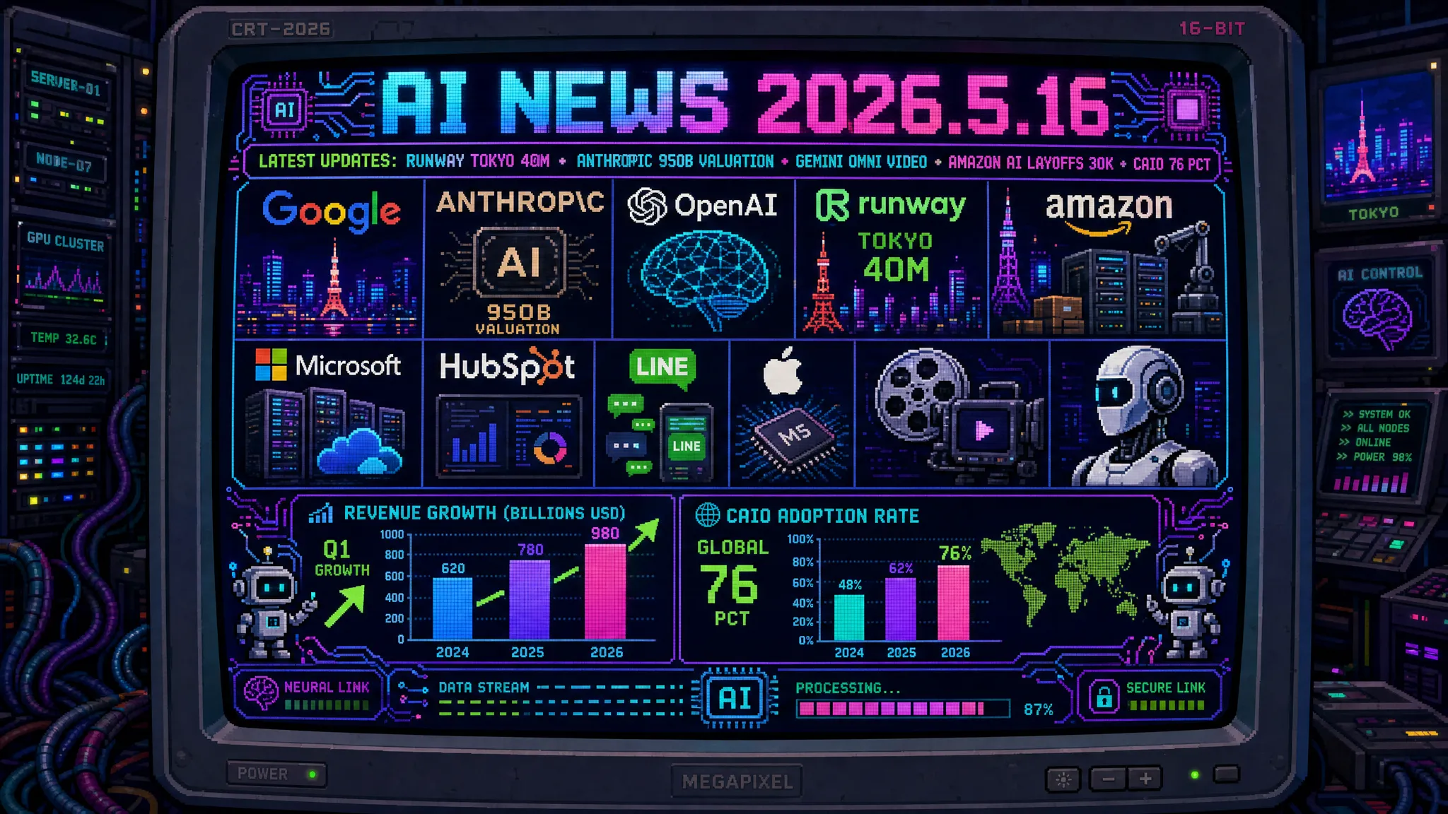AIニュース速報（2026年5月15〜16日）｜Runway東京オフィス開設＋日本に4000万ドル投資（世界第3位市場・アジア最速300%増・動画AIから世界モデルへ Google/Meta対抗）・Amazon AIシフトでセラーサービス追加削減（直近6カ月累計3万人超・顧客サービス/倉庫/EC/広告部門でAI自動化加速）・Anthropic 9500億ドル評価額調達月末合意目標（OpenAI 8250億ドル超え3カ月前615億ドルから急騰・Google 400億ドル/Amazon 250億ドル・Claude Code企業収益化が主因）・Google Gemini Omni動画生成モデル表面化（テキスト/画像/動画統合マルチモーダル・動画リミックス/チャット内編集/テンプレート機能・5月19日I/O 2026で正式発表濃厚）・Osaurus Mac向けローカル+クラウドAI統合（メモリ/ファイル/ツールをデバイス上保持・クラウド送信最小限のプライバシー重視アーキテクチャ）・Microsoft Research「DELEGATE-52」AIエージェント長時間業務で文書25%破損警告（52領域中Gemini 3.1 Proでさえ11領域のみ準備完了・大多数対応はPython開発のみ・継続的人間監視の重要性）・HubSpot「AEO Sensor」公開（ChatGPT/Gemini/Perplexity引用状況とトラフィック変動可視化ダッシュボード・SEOからAEO/Answer Engine Optimization本格移行支援）・グローバル76%企業がCAIO設置（前年26%→76%急増・AI戦略専任経営幹部設置の標準化・AIガバナンス/コンプライアンス体制が経営最優先課題に定着）・Carnegie Mellon/Oxford/MIT/UCLA共同研究でAI依存により問題解決力20%以上低下証明（AI補助を外すとパフォーマンス急落・教育/企業研修現場へAI依存対策警鐘）・OpenAI/AI企業の透明性問題顕在化（システムプロンプトに商業/政治的意図埋込・ChatGPT広告掲載2026年2月開始でプロンプト広告応答指針確認・AI基盤モデルガバナンス課題）・日本：LINE「トークルームのAgent i」大不評（X上「邪魔すぎ」「誤タップ」声殺到・返信提案/誤字修正/口調変更/ムード分析機能自体先進的だが強制UI変更が反発・30日間非表示設定広まる）・国連20機関「AIシティバース」構想提唱（AI×デジタルツイン統合で交通/防災/都市計画最適化・日本国土交通省PLATEAUプロジェクト連携機会）・Runway東京オフィスで日本アニメ/映像コンテンツ産業AI協業視野・Anthropic 9500億ドルでNEC/ソフトバンク/アクセンチュアと日本戦略提携影響拡大・Google I/O 2026 残り3日で日本Googleサービス依存企業/Android端末/マーケターへ影響大・Microsoft AIエージェント長時間リスク研究が日本企業AIエージェント導入に警鐘・SEOからAEOで日本企業マーケター戦略見直し迫られる・Amazon AI 3万人削減が日本「AIによる雇用代替」議論を加速・グローバル76% CAIO設置で日本CAIO遅れ国際競争力維持課題・AI使いすぎで問題解決力低下が日本学校/企業研修AI依存対策の最重要テーマに浮上ほか世界10件＆日本10件まとめ