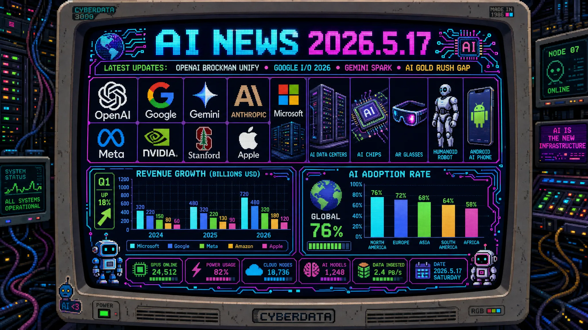AIニュース速報（2026年5月16〜17日）｜OpenAI共同創業者Greg BrockmanがChatGPT/Codex/API統合・全製品戦略責任者として復帰（Google I/O開幕4日前のAIエージェントコーディング市場本腰再編・新製品リリース日未定でI/O期間中間に合わず）・Google I/O 2026いよいよ来週開幕（米5/19・日本5/20午前2時・Gemini 4.0正式発表/1000万トークン超コンテキスト/Android XRメガネ/新OS「Aluminium OS」/新エージェント「Gemini Spark」5つ発表有力）・Google Gemini新モデル「Gemini Spark」発表確実視（GPT-5.5相当性能・Claude Mythosには及ばず・Android深統合でAIエージェント時代主役級）・AIゴールドラッシュ格差拡大警鐘（Menlo Ventures指摘・OpenAI/Anthropic/Nvidia/Meta従業員ら約1万人が2000万ドル超「引退できる富」獲得・AIの波に乗れないエンジニア大量解雇・SF格差最悪レベル）・Big Tech Q1 2026決算AIインフラ投資が成果証明（Google Cloud 63%増200億ドル超/Microsoft AI事業370億ドル年換算123%増・4社設備投資2026年6300〜6500億ドル堅持・AI投資ROI実証フェーズ）・Stanford 2026年AIインデックス警告（HAI発表・米中モデル性能格差ほぼ消滅・AI能力と安全評価ベンチマークの乖離過去最大・AIガバナンス強化必要性顕在化）・AI Expo 2026 Day 2「実験フェーズ終了・本番AI移行」（NeMoCLAW/OpenCLAWエージェントフレームワークによるオーケストレーション・ガバナンス/データ整備・PoC地獄脱却ROI実現）・AI Expo 2026 Day 1エージェントAI時代のガバナンスとデータ整備が鍵（チャットUIから業務プロセス全体「アジェンティックエンタープライズ」への移行）・自律AIシステム全面移行2026年転換点（生成AI実験フェーズ終了・産業/物流/医療でAIエージェント自律実行現実化・チャットボットからワークフロー計画実行型自律エージェントへ大規模シフト）・Crescendo 5月第3週まとめ（OpenAI Brockman体制/Codexモバイル・Google I/O直前/Gemini Spark・Anthropic Claude Mythos/評価額最高値更新の3社並走熾烈競争）・日本：日本対話型AI市場2034年34億ドル規模（CAGR 16.63%・顧客対応AI/コンタクトセンターAI化/金融医療バーチャルエージェント普及・日本語対応改善が市場拡大の鍵）・EYストラテジー攻撃者目線AIレッドチーミング新サービス（LLMプロンプト注入/データ漏洩/バイアス悪用検証・生成AI本番導入加速で需要急増）・ストックマーク JSAI2026ゴールドスポンサー協賛（複雑文書VLM限界検証論文発表予定・産学AI研究連携深化）・OpenAI Brockman統合で日本Codex API組み込み企業ロードマップ影響（ソフトバンク/NEC等OpenAI連携国内企業）・Google I/O 2026日本Googleサービス依存企業/Android端末/教育機関Chromebookへの影響大・Gemini Spark日本Androidユーザー約7割への直接影響・AI格差問題日本でも大企業対中堅中小・経産省DX人材育成リスキリング政策急務・Big Tech AI投資成果が日本富士通/NEC/NTTデータAIクラウド事業化追い風・Aluminium OS/Googlebook日本教育機関波及・OpenAI/Google/Anthropic 3社並走で日本企業選定戦略複雑化ほか世界10件＆日本10件まとめ