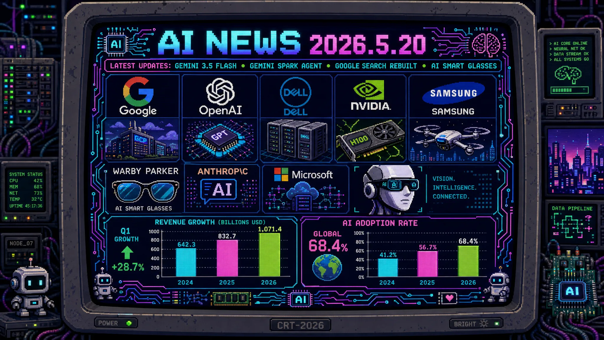 AIニュース速報（2026年5月19〜20日）｜Google I/O 2026本日開幕（米5/19・日本5/20午前2時基調講演）でGemini 3.5 Flash正式発表（Terminal-Bench 2.1で76.2%・MCP Atlasで83.6%・コーディング/自律エージェント特化・Pro超え性能）・Gemini Spark発表（24時間自律稼働パーソナルAIエージェント・デバイスを閉じてもクラウドで作業継続・Gmail/カレンダー/MCP連携・クレジットカード明細自動解析/学校連絡ダイジェスト・Google AI Ultra米国先行）・Google検索25年ぶり全面刷新（生成型UIへ移行・AIエージェントが情報収集を自律実行・インフォメーションエージェント24時間監視・今夏全ユーザー無料展開）・Gemini Omni公開（音声/画像/動画/テキストから高品質動画生成・Conversational Editingで音声コマンド編集・Geminiアプリ/Google Flow/YouTube Shorts本日開始）・Gmail Live追加（受信トレイに話しかける会話型AI・「先週のミーティング議事録探して」自然言語検索・Google Keepにも展開予定）・Google AIスマートグラス発表（Warby Parker/Gentle Monster共同設計オーディオ型2026年秋発売・XRディスプレイ内蔵タイプも別途開発・MetaのRay-Ban対抗）・Antigravity 2.0発表（マルチエージェント並列実行・スケジュール実行・カスタムサブエージェントワークフロー・CLI/SDK提供）・Universal Cart発表（複数小売サイト横断AIショッピング・買い物リストを見せて話すだけ）・Google AI StudioでAndroidアプリ数分自動生成（バイブコーディング時代到来・Play連携強化）・OpenAI×Dell提携でCodexオンプレミス展開（Dell AI Factory/Platform統合・規制産業/機密データ企業向け・週400万人開発者利用Codex企業展開本格化）・Google AIサブスク値下げ（最上位Ultra $249.99→$200・新中間Ultra 5x $100追加・最上位Ultra 20xへ改称・OpenAI/Anthropic価格競争激化）・日本：Google I/O 2026の日本Androidユーザー約7割への直接影響・日本AIスマホ市場のGemini Intelligence/Sparkインパクト・Google検索全面刷新による日本SEO/AEO戦略再設計・Codex×Dellオンプレミス展開で金融/医療/官公庁の規制産業のAI開発加速ほか世界10件＆日本10件まとめ
