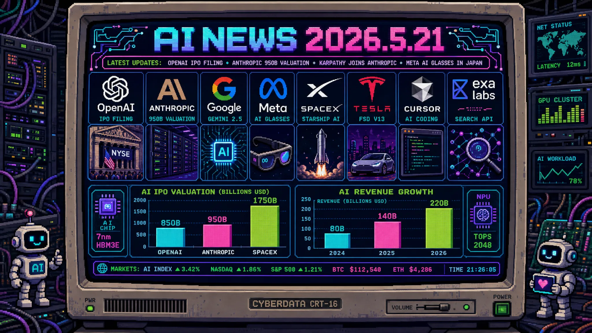 AIニュース速報（2026年5月20〜21日）｜OpenAIが早ければ今週金曜にも史上最大規模IPO非公開申請へ（評価額8,500億ドル超／9月公開目標／ゴールドマン・モルガンスタンレー幹事／ChatGPTから3年半でFacebook・Alibaba・サウジアラムコ超え）・OpenAI推論モデルがエルデシュ80年前「平面単位距離問題」予想を自律的に反証（AIが著名未解決数学問題を自律解決した初の事例・外部数学者検証済み）・OpenAIがC2PA準拠＋Google SynthID統合のコンテンツ出所証明スタックを一般公開（公開検証ツールも提供・AnthropicやMetaへの拡張予定・偽AI生成画像/選挙/報道倫理対策の国際標準化加速）・AIサーチExa Labs a16z主導で2.5億ドル調達し評価額22億ドルへ急騰（昨秋7億ドル→3倍超／Cursor/Cognition/HubSpot等5,000社採用）・Andrej KarpathyがAnthropic参加（OpenAI共同創業者・Tesla AI・Eureka Labs設立から1年で電撃移籍・Nick Joseph事前学習チームでClaude Pretraining研究加速・「Pretraining時代がまだ重要」業界メッセージ）・SpaceX 6月12日Nasdaq上場（ティッカーSPCX・調達最大750億ドル・評価1.75兆ドル）翌月Cursorを600億ドルで買収計画（Musk×SpaceX×xAI×CursorのAI開発市場席巻体制）・Anthropic評価額最大9,500億ドルで300〜500億ドル資金調達交渉中（OpenAI8,500億ドル超え世界最大非公開AI企業へ／Google400億・Amazon250億追加投資）・AIサーチ市場沸騰（Exa Labs/Parallel Web Systems 20億ドル/Tavily/TinyFishがエージェント向けウェブ検索APIで競合）・OpenAI年間収益250億ドル超達成（月収20億・Anthropic190億ドル超え・Musk訴訟「時効」棄却で法的不確実性一掃・第二次ドットコムバブル論浮上）・Ray-Ban Meta第2世代＋Oakley Meta（HSTN/Vanguard）5月21日日本正式発売（73,700円〜・1,200万画素カメラ・「ヘイ・メタ」音声操作・国内AIウェアラブル市場本格開幕）・日本政府が府省庁500業務以上に自律型AIエージェント本格導入し共通基盤「源内（ゲンナイ）」整備（国家公務員18万人アクセス・GovTech本格化）・Google I/O 2026「Ask YouTube」「Pics」日本語メディアが詳報（自然言語動画検索・AIデザインツール）・日本：OpenAI IPO上場日本機関投資家注目／Anthropic企業価値急騰でNEC・日立・アクセンチュア国内連携加速／カーパシー氏移籍が日本AI開発者コミュニティに与える刺激／Meta AIグラス日本上陸でAIウェアラブル市場開幕／政府AI源内によるGovTech変革／OpenAI C2PA採用で日本選挙・報道機関の偽画像対策本格化／日本SI・金融機関・教育機関の経営アジェンダ最終確定ほか世界10件＆日本10件まとめ