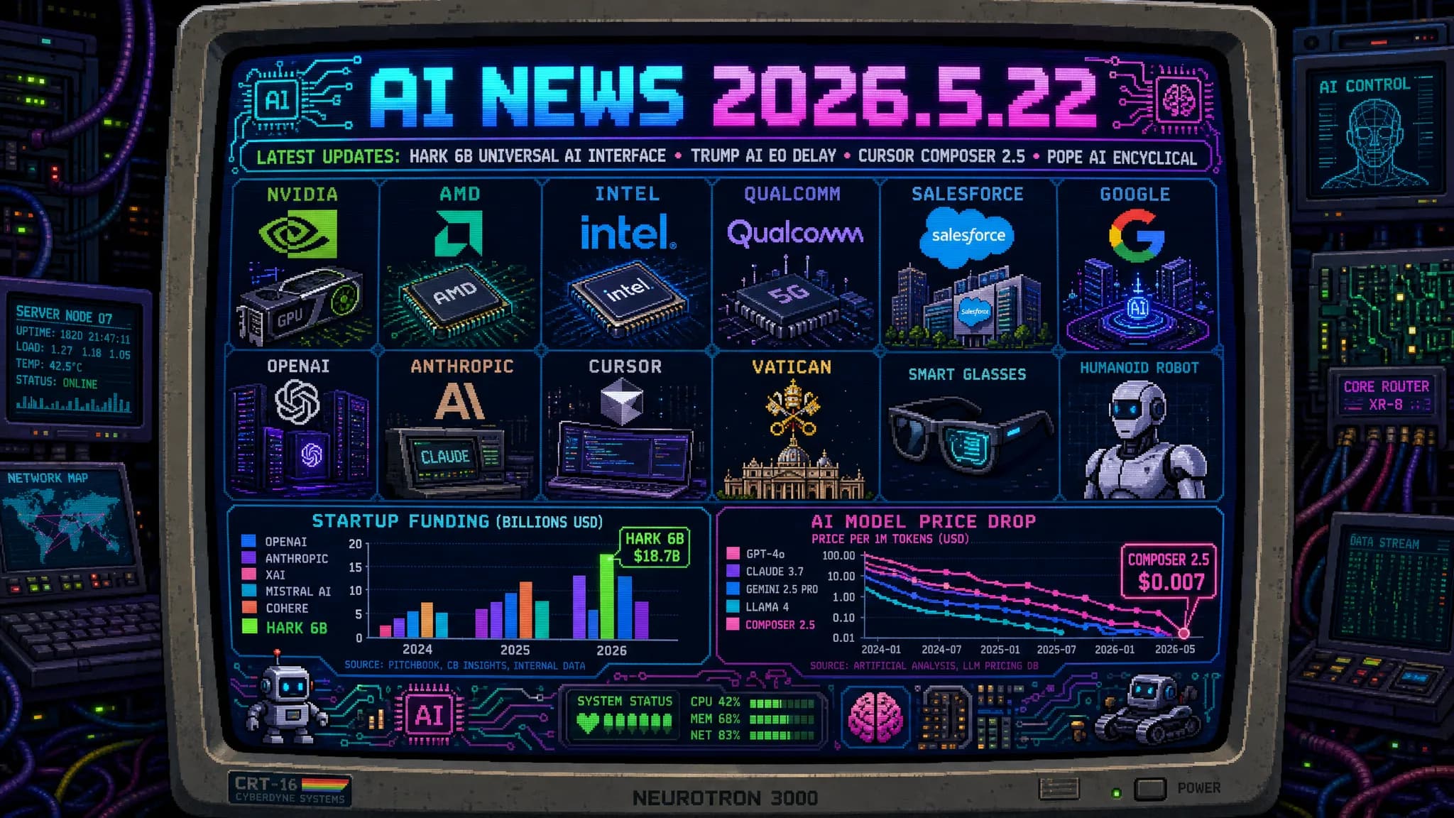 AIニュース速報（2026年5月21〜22日）｜Brett AdcockのHarkが7億ドル調達・評価額60億ドルでNvidia/AMD/Intel/Qualcomm/Salesforce勢揃いの「ユニバーサルAIインターフェース」始動・TrumpがAI安全保障大統領令の署名を直前撤回（「米国のAIリードを妨げたくない」発言で米AI規制の方向感が再び不透明化）・Google I/O 2026続報のGemini 3.5 Flashが日本AI Modeのデフォルトに（SWE-Bench/Terminal-Bench 2.1=76.2%/GDPval-AA=1656 EloでGemini 3.1 Pro超え・4倍速/40%安）・Gemini Spark個人AIエージェント＋Gemini Omni動画生成が日本語対応・Google検索25年ぶり最大刷新の「AI Mode in Search」（テキスト/画像/動画/ファイル/Chromeタブ横断検索でタスク完了時間25%短縮）・Google AI Ultra料金大改定（最上位249.99→199.99ドル値下げ＋月100ドル新Ultra 5x新設で日本も即日適用）・OpenAI Codex「Goal Mode」がGA移行（数時間〜数日の自律タスク実行）＋macOS版AppShots追加・Cursor Composer 2.5が登場（SWE-Bench Multilingual=79.8%でClaude Opus 4.7並み性能を1/10価格／CursorBench v3.1ではOpus 4.7・GPT-5.5超え・SpaceX 6/12上場後30日以内の600億ドル買収準備）・ローマ法王レオ14世が5月25日に初の回勅「Magnifica Humanitas」発表予告（Anthropic共同創業者Christopher Olahが共同登壇・AI時代の人間の尊厳保護を主題）・総務省が「Claude Mythos」など高性能AI悪用リスク対策で電気通信事業者協会・民放連・NHK・日本郵政・全国知事会と緊急会合・自民党デジタル社会推進本部が骨太の方針向け「AI国家戦略」提言案を公表（国・地域別戦略重視・AI投資5年で1兆円要請・金融分野の官民AI検討会議設置を金融庁に要請）・日本：Google AI Ultra日本即日／GitHub Copilot Gemini 3.5 Flash統合5/19から一般提供／日本のCursor利用エンジニア大量影響／Codex Goal Mode日本開発者参入／Trump AI EO延期で日本の対米AIガバナンス戦略再検討／Hark上陸を見据えた日本AIウェアラブル戦略／ローマ法王回勅でAI倫理議論本格化／総務省Claude Mythos対応のサイバーセキュリティ業界商機／自民党AI戦略5年1兆円提言の調達・SI・スタートアップへの波及／Meta AIグラス日本発売開幕直後の市場再点検ほか世界10件＆日本10件まとめ