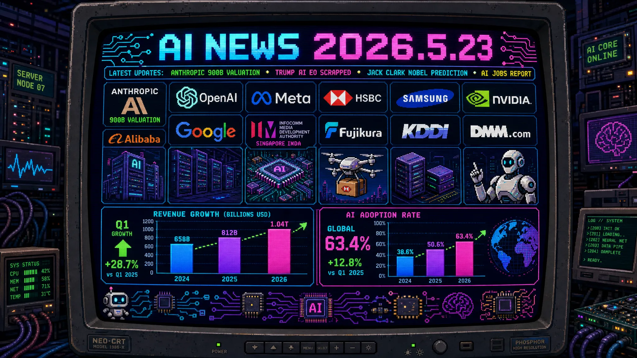 AIニュース速報（2026年5月22〜23日）｜Anthropicが300億ドル超ラウンドをクローズへ・評価額9000億ドルでOpenAIを抜き世界最大AIスタートアップに（Sequoia/Dragoneer/Altimeter/Greenoaksが各2000億円規模で参加・Q2初の黒字四半期射程・売上高109億ドル前年比2倍超）・MuskとZuckerbergがDavid Sacks同席でTrumpを直接電話説得しAI安全保障大統領令を永久廃案（「AI開発スピード阻害」論理が通り米AI規制が一段と緩和方向へ振れる分岐点）・OpenAIがシンガポールにアジア初の独立型AIラボ開設＋IMDAがエージェントAIガバナンス枠組みを更新（マルチエージェント/自動化バイアス対策をWEF版1月開示に追加・アジア型AI規制スタンダードセッターの地位確立）・Anthropic共同創業者Jack Clarkがオックスフォードで「12ヶ月以内にAIがノーベル賞共同受賞」「2年以内に二足歩行ロボが職人補助」「18ヶ月以内にAI主体で百万ドル収益企業誕生」と予測（「AIが人類を絶滅させる確率はゼロではない・パンデミック対策と同様の準備必要」とも発言）・Metaが解雇予定7800人（全社員10%）の業務でAI訓練していたとZuckerberg全社音声リークで発覚（コーディング等AI早期習得職種が標的・AI時代の雇用倫理で国際議論）・HSBC Georges Elhedery CEOが全社員に「AIは特定の雇用を破壊する」公式通達＋中バックオフィス最大2万人削減計画と並走・Samsung労組48,000人の5/21予定18日間ストを開始数時間前に暫定合意で土壇場回避（ボーナス上限撤廃＋業績利益10.5%充当でAI向けDRAM世界36%供給危機消滅）・Nvidia Jensen Huangが「Vera」を「2000億ドル市場の核心」と強調（Hopper/Blackwell後継のエージェントAI長時間タスク推論最適化次世代AIアクセラレーター・AWS/Googleが採用検討）・北京大学＋アリババDAMO Academyが衛星画像で中国全土の太陽光/風力発電をAI自動識別マッピング（AI DC電力消費前年比44%増の229億kWh背景に再エネ高度化技術として世界注目）・米労働統計局がAI影響18職種で2024/5〜2025/5に雇用0.2%減（販売代理職4.8%減で最大・グラフィックデザイナー/法律秘書も含む・米国人71%が職失懸念・Gartner調査ではAI削減がまだリターン未計測・MIT Autor「新職種は若年高学歴偏重」）・OpenAI元米サイバー軍司令官Paul Nakasone取締役来日でセキュリティ特化AI「GPT-5.5-Cyber」を日本政府・重要インフラ向け提供方針表明（Trusted Access for Cyberフレームワークで政府が提供先審査・Claude Mythos対策に加わる）・OpenAI内部モデルがエルデシュ1946年提起「平面上のn点で距離1のペア最大数」単位距離問題を自律反証（無限類体塔/ゴロド・シャファレビッチ理論適用・フィールズ賞Timothy Gowers検証・OpenAI「重要な転換点」と評価）・ファインディが「開発資本」新指標を発表（Speed/Quality/Control 3軸・KDDI/DMM/パーソルキャリア/SmartHRと実データ検証・9月末Findy Team+β版・「AI導入してもコストばかりで成果ない」課題に応える）・フジクラ岡田直樹社長「AI DC需要は少なくとも10年単位で伸び続ける」3000億円規模の光ファイバー大型投資断行・日本：日立/三菱UFJ/KDDI等Anthropic提携加速／対米AIガバナンス再設計／日本金融機関のAI人材戦略警鐘／Samsungスト回避の日本DC安堵感／Jack Clark AI絶滅リスク発言で科学技術政策再考必要ほか世界10件＆日本10件まとめ