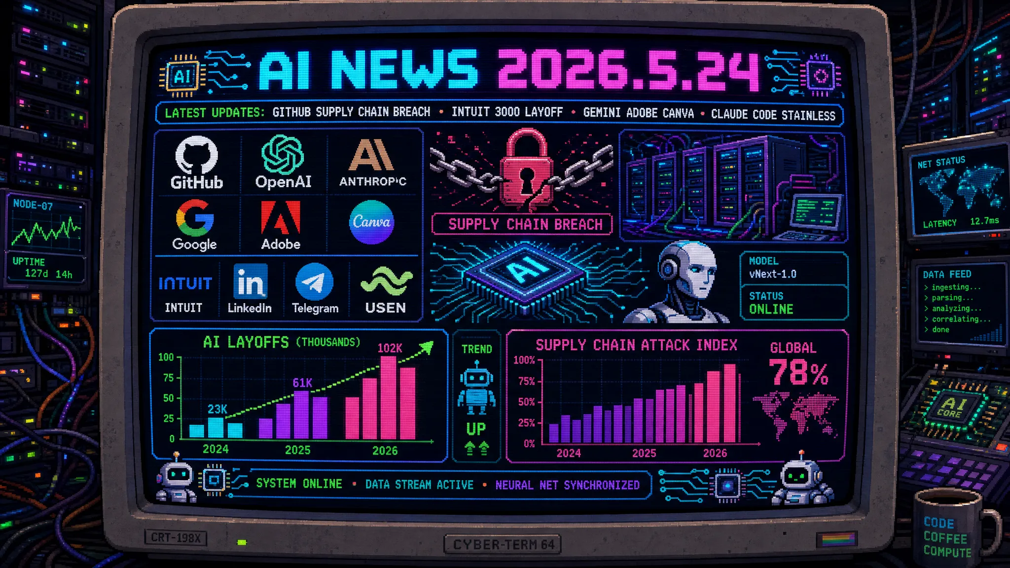 AIニュース速報（2026年5月23〜24日）｜GitHubがNx Console偽VS Code拡張（18分間だけMarketplace公開・220万インストール基盤）経由でTeamPCP（UNC6780）サプライチェーン攻撃を受け内部3,800リポジトリ盗難（GitHubトークン/AWSキー/npmトークン/1Passwordボールト/Claude Code設定 ~/.claude/settings.json を標的・盗難データは犯罪フォーラムで5万ドル超で売却）・TeamPCPがTanStackのnpmエコシステム170以上のパッケージに自己増殖ワーム仕込みCVSS9.6 CVE-2026-45321を悪用しOpenAI（従業員2名デバイス＋内部リポジトリ一部）/Mistral AI（1台感染＋25,000 Monero恐喝要求）/欧州委員会公式サイトまで連鎖被害・Anthropic Claude Code設定ファイルも開発者マシンから奪取する設計・OpenAIがiOS/Windowsの証明書を即時ローテーションしmacOS版ChatGPTアプリのコード署名証明書を6月12日に全失効（以降は現バージョンがGatekeeperで「信頼されないアプリ」扱いとなり再インストール必須・第三者フォレンジック調査開始）・Intuit（TurboTax/QuickBooks）が全社員17%にあたる3,000人レイオフ発表（Anthropic/OpenAIと複数年提携・年間コスト削減5億ドル超見込み・AIエージェント業務自動化加速）・Google I/O 2026後にGeminiアプリへAdobe Firefly AI Assistant/Canva「Magic Layers」/CapCutが統合（Photoshop/Premiere/Illustrator/Canvaレイヤー編集/CapCut動画編集がチャット内完結・GeminiがAIクリエイティブハブ化）・AnthropicがSDK専門のStainlessを買収（OpenAI APIのSDK開発元・OpenAPI仕様から一貫パターン/厳密型付け/慣用コード生成のメソッドをClaude API向けPython/TypeScript/Java/Go/Rubyに適用しDX大幅強化）・GoogleがAndroid XRベース新世代AIスマートグラス正式発表（Geminiによるアンビエントコンピューティング・MetaのRAY-BAN AIグラス対抗）・TelegramがユーザーパーミッションでメッセージをAIが読取/フィルタリング/返信する常駐型AIエージェントボット機能発表（メッセージングプラットフォームAIエージェント主戦場化）・Gemini SparkがMCP（Anthropic設計のオープン標準）対応へ数週間以内に追加・Canva/Instacart/OpenTable等の第三者サービス内でGeminiが自律タスク実行（Claude×Geminiが同一規格で相互運用性向上）・LinkedInも大規模レイオフ発表（Meta約8,000人/Intuit約3,000人と並びAIインフラ再配分・AI雇用分極化が財務数字として表面化）・USENが「AI店長」と「ドリンク残量検知サービス」販売開始（POS USENレジデータ＋AIで飲食店経営分析・周辺イベント情報/天気との因果関係解析・プロンプト入力不要の定期レポート自動生成）・入管がSNS分析強化のAI自動巡回システム導入検討（不法滞在/不法就労把握・個人情報保護/プロファイリング法的論点並走）・自民AI提言案全容判明（国・地域別AI投資戦略を骨太方針2026に反映・米中AI競争で日本存在感確保の官民連携モデル・製造業/医療/農業重点投資）・「あすけん」運営がバイブコーディング導入で「AI開発工数増でもアイデア実装スピード/非エンジニア協業効率向上」事例詳報・Google AI Proユーザー向けYouTube Premium Lite無料付与（YouTube広告ほぼ非表示）・「SaaS is Dead」論高まる中で上位エンジニア採用激化（システム設計/要件定義/アーキテクチャ理解人材の価値上昇）・小野田大臣がAIへの恋愛感情に「設計に懸念」と精神サポート可能性両論見解（Character.AI/Replika/Claudeコンパニオン型AI政策論点化）・日本：開発者の認証情報即時刷新／Claude Code設定漏洩防衛／Geminiクリエイティブハブ化への国内デザイナー/動画クリエイター対応／USEN AI店長の飲食業界波及／自民1兆円AI政策提言の経営インパクト／バイブコーディング工数増のスタートアップ判断軸／AIエンジニア二極化採用戦略／AIコンパニオン政策議論先取りほか世界10件＆日本10件まとめ