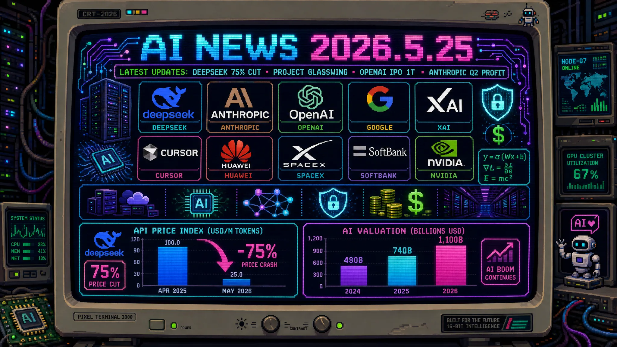 AIニュース速報（2026年5月24〜25日）｜DeepSeek V4 Proが75%値下げを恒久化（入力$0.44/出力$0.88でGPT-5.5比34倍安く・Huawei Ascend 950供給増でフロンティア性能APIが業界全体で急速下落リード）・Anthropic「Project Glasswing」初期レポート公開でClaude Mythos Previewが1ヶ月で1万件超の重大脆弱性を自律発見（50以上のパートナー企業組織が参加・Mythosクラス一般提供も検討・防御型AIサイバーセキュリティのゲームチェンジャー）・Google Cloud COO Francis de Souzaが「AIセキュリティはボルトオンできない・設計段階から組み込む必要」と発言（API鍵不正使用で開発者数万ドル被害・攻撃速度8時間から22秒へ激化）・OpenAIがS-1を秘密裏にSECへ提出（Goldman Sachs/Morgan Stanley主幹事・評価額$8,520億〜$1兆超でQ4 2026上場目標・Q1収益$57億ながら$1収益あたり$1.22コストで赤字体質転換が最大課題）・AnthropicがQ2 2026に初の黒字四半期へ（収益$109億予想で1四半期で倍増・$5.59億営業利益・300億ドル超ラウンドクローズと並行）・Cursor Composer 2.5がコスト1/10でフロンティアモデル同水準（SWE-Bench多言語79.8%でClaude Opus 4.7/GPT-5.5並み・Moonshot AI Kimi K2.5ベース・次世代はSpaceX Colossus 2で10倍コンピュート訓練）・Google I/O 2026でAntigravity 2.0発表（デスクトップアプリ/CLI/SDK/Managed Agents API統合・Gemini CLI→Antigravity CLI正式移行・Claude Codeと並ぶエージェント開発PF）・xAI GrokがMCP対応「Connectors」拡充（SharePoint/Outlook/OneDrive/Google Workspace/Notion/GitHub/Linear対応・Bring Your Own MCPサポート・AnthropicのMCPが業界標準として主要AI企業に採用される流れ加速）・OpenAI内部汎用推論モデルがErdős 80年問題（平面n点単位距離ペア最大数の1946年予想）を自律的に反証（125ページ証明・ゴロド・シャファレビッチ理論を幾何学に適用・フィールズ賞Timothy Gowersが転換点と評価）・米アリゾナ大/UCFなど複数大学でAIスピーチにブーイング（元Google CEO Eric Schmidtに強い反発・AIを便利な技術でなく就職市場への直接的脅威と受け止める若い世代の雇用不安が世界規模で可視化）・孫正義が「AIは21世紀の石油・知能のエネルギーを独占した国と企業が勝つ」と表明（日米両国に大規模DC網構築・Stargate Japanとも連動・トランプ政権連携で日本企業として破格のDC投資を米国でも展開）・@ITが「Gemini」「Claude Code」「Codex」全社展開・本番実装の5つのポイントを公開（業務ドメインの優先度マトリクス/ライセンス管理とデータ主権/エンジニア育成プログラム並走・国内IT担当者から高関心）・日本：DeepSeek格安APIで開発者コスト構造転換／Project Glasswing型防御AIによる重要インフラ保護／Anthropic黒字化で日立29万人/三菱UFJメガバンク提携の長期確信材料／OpenAI IPO評価額1兆ドル超でソフトバンク/Stargate投資の上場後判断／Cursor Composer 2.5でAIコーディングコスト1/10／Antigravity 2.0 vs Claude Codeのエージェント開発PF選択／xAI Grok MCPで業務AI導入新選択肢／米卒業式ブーイングが示すAI世代の雇用不安と企業人事部門の対応／知能の石油論争でSoftBank DC構想／全社AIコーディング展開5ポイントほか世界10件＆日本10件まとめ