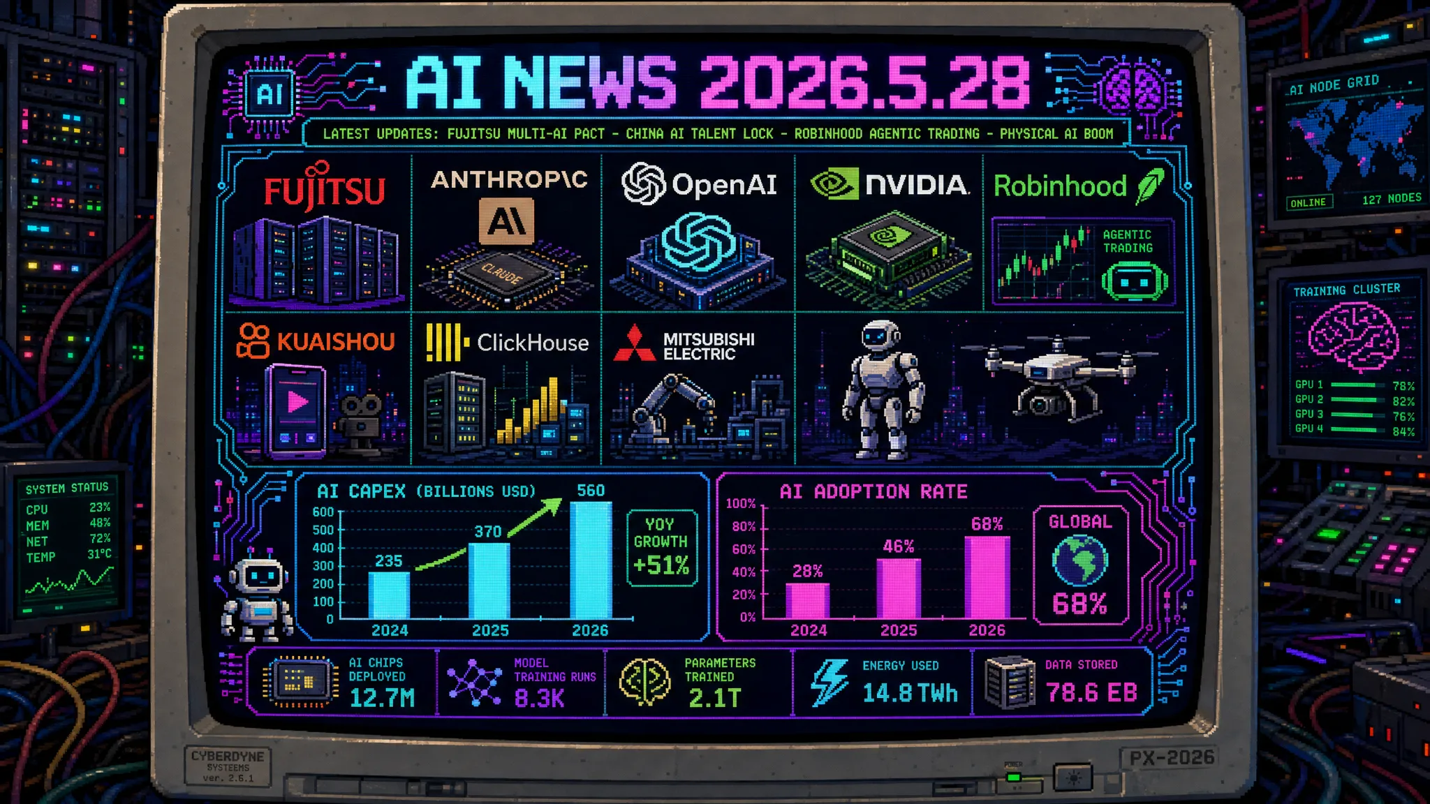 AIニュース速報（2026年5月27〜28日）｜富士通がAnthropicとOpenAIの両AI大手と同時提携しグループ10万人にClaude（最新Mythos含む）展開＝マルチAI戦略鮮明（Fujitsu Kozuchi/Takaneと組合せ・セキュリティ協業強化・日立に続く動き）・中国がAI人材の海外渡航を政府承認制で制限しDeepSeek/Alibaba幹部も対象（米中AIモデル性能差が2023年31%→2026年3月2.7%に縮小・人材を国家安全保障資産化）・RobinhoodがAIエージェント株取引「Agentic Trading」を2700万人顧客に開始（Claude/ChatGPTが専用ウォレット内で自律取引・3%還元Agentic Credit Card同時発表）・Box創業者アーロン・レヴィが経営層の「AIサイコシス」を警告（1〜5月で152社11万5430人レイオフ・AI過剰期待への戒め）・英国とオーストラリアがAIセキュリティ協定（MoU）締結・KuaishouがKling AIを200億ドル評価で20億ドル調達しスピンオフへ（年換算収益5億ドル・2027年香港IPO計画）・ClickHouseが年収3倍$250MでIPO射程圏内・BEYOND Expo 2026マカオ開幕でNVIDIA VP登壇しフィジカルAI（Digital to Physical）本番運用が焦点・Big Tech 4社が2026 AI設備投資を$630〜650Bに引き上げAzureはYoY40%でアナリスト予測超え・2026年AIは「実験段階終了」で自律エージェント/省エネ/産業応用の時代へ移行・AI向けVC投資がQ1だけで3000億ドルでOpenAI/Anthropic/xAIの3社が67%独占（超二極化）・三菱電機と千葉工大がフィジカルAI「共創センター」設立し官民両用ロボットを2029年4月までに事業化・CODA（講談社/集英社/NHK/東宝/スタジオジブリ等37社）が生成AI著作権侵害を「看過できない問題」と集団声明・Anthropic創業者クリストファー・オラーが教皇レオ14世の前でAI研究の「善意と利益の板挟み」を内省・「小説家になろう」がAI利用状況の開示を投稿時に必須化・はてなが個人向けフォーラムを開発運営にAI活用で開始・ATOM社が国産ヒューマノイド開発へ30億円シード調達・GMOインターネットGがAIエージェント活用率71.4%・生成AI業務活用率97.8%で月間35.2万時間削減（1人あたり月53.9時間）かつ「本番データ消失」失敗から導いた使いこなす人の5つの特徴を公開・日本：富士通型マルチAI戦略の調達設計／フィジカルAI国産化と官民両用ロボット／生成AI著作権リスク管理／AI開示ルール標準化／ヒューマノイド大型調達と物理AI補助5000億円／AIエージェント全社展開と人材要件再定義／AIサイコシス回避の現実的導入／米中AI人材戦争とデータ主権の8論点経営アジェンダ更新ほか世界10件＆日本10件まとめ